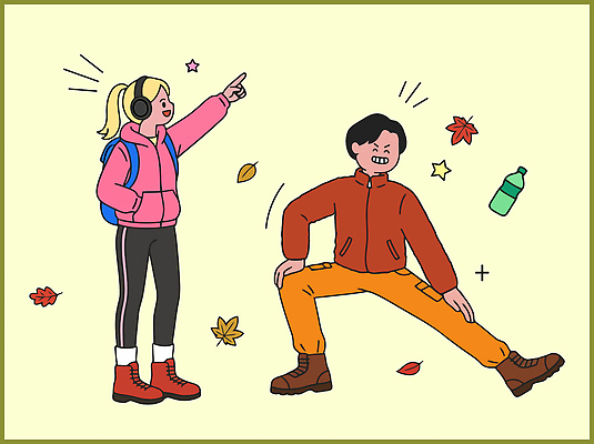 옷 신발 가방 일러스트 나뭇잎 사람 친구 운동 헤드폰 스트레칭 가을 즐거움 등산가방 산행 국내일러스트 AI파일 잡화 계절 감정 음향기기 잎 관계 건강 등산 파일형식 벡터 식물 전자제품 트래킹 레저