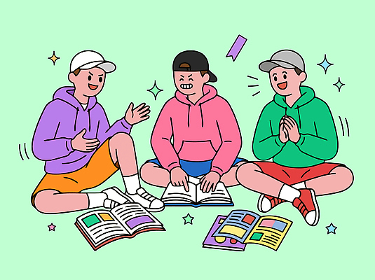 모자 감정 일러스트 바닥 이야기 대화 웃음 앉기 책 친구 학습 독서 즐거움 탐색 국내일러스트 AI파일 잡화 교육 관계 모션 표정 말하기 파일형식 벡터