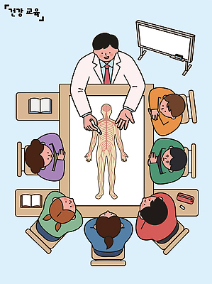 캐릭터 학생 교육 과학 신체 일러스트 해부 의학 탁자 수업 건강 실험 대화 설명 학습 의사 교양 토론 그림 생물학 관심 국내일러스트 AI파일 가구 모션 말하기 의료진 파일형식 벡터 직업 생활용품 오브젝트