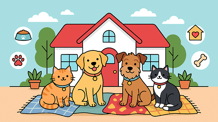 동물 쿠션 일러스트 바닥 주택 반려동물 고양이 플랫 강아지 먹이 그림 안식처 국내일러스트 AI파일 포유류 휴식 건물 개 파일형식 벡터 건축물 컨셉 건축
