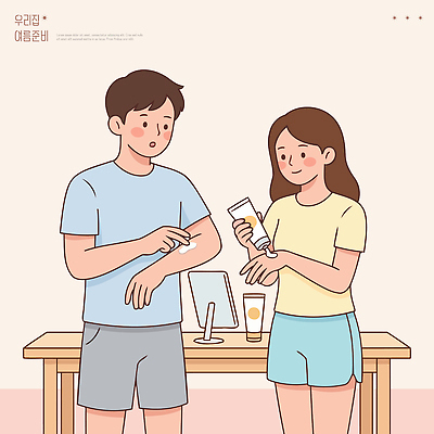 부부 여자 남자 일러스트 탁자 실내 건강 화장품 상품 선크림 피부 피부관리 준비 여름맞이 국내일러스트 AI파일 커플 가구 사람 내부 신체부위 여름 뷰티 파일형식 벡터 계절 생활용품 관계 오브젝트