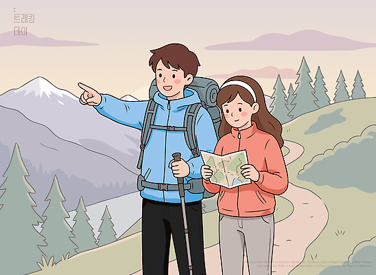 나무 커플 여자 남자 여행 지도 일러스트 자연 산 취미 야외 등산 도전 즐거움 산길 길찾기 국내일러스트 AI파일 식물 감정 길 관계 사람 트래킹 생태계 파일형식 벡터 레저
