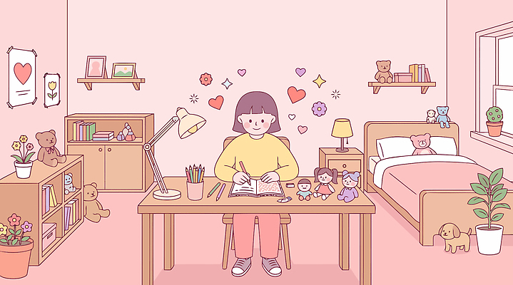 식물 학생 어린이 인형 일러스트 사랑 책 학습 장난감 공책 방 마음 침대 램프 기록 책상 국내일러스트 AI파일 교육 감정 가구 문구용품 조명 사람 파일형식 벡터 생활용품 오브젝트