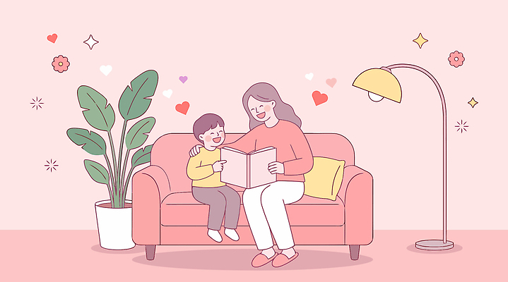 식물 학생 행복 어린이 일러스트 가족 엄마 조명 실내 이야기 웃음 책 소파 편안함 읽기 그림책 관심 국내일러스트 AI파일 감정 의자 관계 모션 표정 사람 내부 감각 파일형식 벡터 가구 생활용품 오브젝트