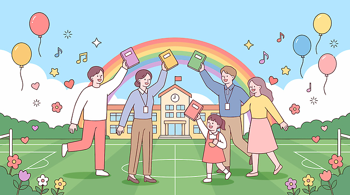 학생 어린이 무지개 일러스트 학교 대화 웃음 잔디 성인 책 운동장 기쁨 그림 풍선 국내일러스트 AI파일 자연요소 식물 교육 감정 스포츠시설 표정 말하기 사람 공간 파일형식 벡터 스포츠 모션 시설