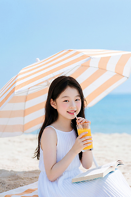 JPG 편집이미지 어린이 모래 휴가 소녀 해변 책 여름 독서 햇빛 파라솔 오렌지주스 즐거움 감성 의료성형뷰티 청량 편집실사 AI인물포토 AI콘텐츠 계절 여자 감정 바다 컨셉 사람 빛 과일주스 CG 파일형식 AI포토 과일 주스 음료