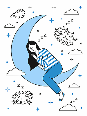 디자인 여자 별 일러스트 상상 하늘 휴식 평화 꿈 달 잠 양 수면 밤 편안함 그림 이미지 국내일러스트 AI파일 자연요소 컨셉 포유류 사람 감각 파일형식 벡터 동물
