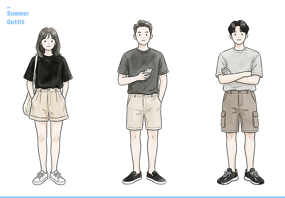 전신 PSD 디자인 여자 남자 티셔츠 일러스트 장신구 바지 캐주얼 핸드폰 세트 편안함 외출 여름옷 코디 스타일 국내일러스트 옷 패션 셔츠 하의 사람 여름 전자제품 감각 파일형식 계절 상의
