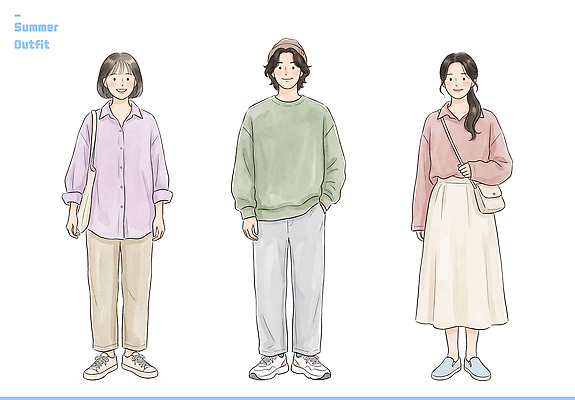 전신 PSD 여자 남자 셔츠 상의 일러스트 캐주얼 치마 편안함 외출 여름옷 코디 가벼움 단정 스타일 국내일러스트 옷 패션 컨셉 하의 사람 여름 감각 무게 파일형식 계절