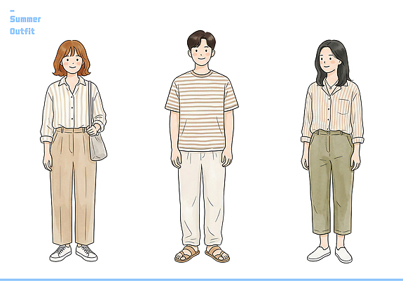 전신 PSD 디자인 여자 남자 일러스트 장신구 바지 줄무늬 편안함 블라우스 일과 여름옷 코디 스타일 국내일러스트 옷 패션 상의 무늬 하의 사람 여름 감각 파일형식 계절