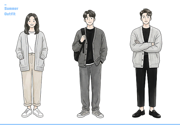 전신 PSD 디자인 여자 남자 일러스트 바지 일상 캐주얼 세명 다양 편안함 카디건 여름옷 코디 스타일 국내일러스트 옷 패션 다수 하의 사람 라이프 여름 외투 감각 파일형식 계절 상의 생활