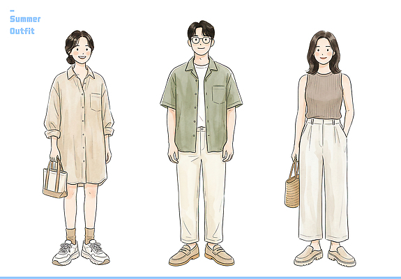 전신 PSD 원피스 여자 남자 신발 셔츠 가방 일러스트 바지 캐주얼 세명 여름옷 코디 스타일 국내일러스트 잡화 옷 패션 상의 하의 사람 여름 파일형식 계절