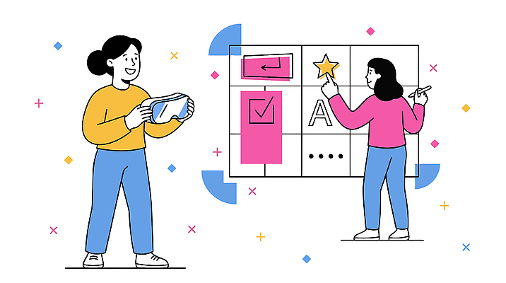 디자인 일러스트 기술 사람 학습 스크린 기계 선택 체크 소프트웨어 인터페이스 조작 가상현실 국내일러스트 AI파일 교육 컨셉 파일형식 벡터