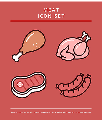 디자인 음식 일러스트 육류 스테이크 요리 세트 소고기 소시지 닭다리 칠면조 국내일러스트 AI파일 식재료 조류 서양음식 가공식품 파일형식 벡터 동물