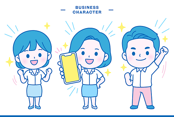 캐릭터 일러스트 비즈니스 협력 기술 대화 사람 파란색 친구 스마트폰 귀여움 기쁨 업무 일러캐릭터 AI파일 감정 컬러 컨셉 관계 말하기 핸드폰 스마트기기 작업 파일형식 벡터 모션 전자제품