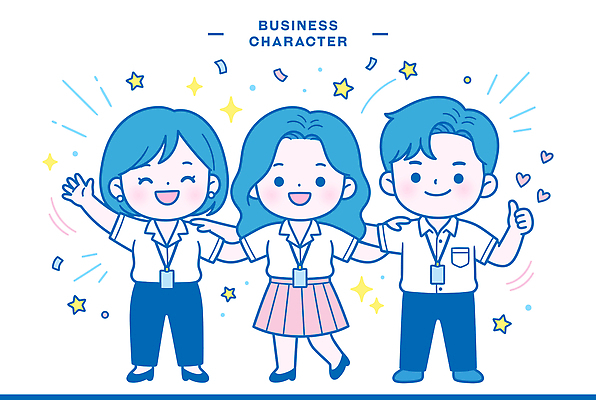 캐릭터 일러스트 비즈니스 협력 직장 웃음 여러명 세명 파란색 친구 귀여움 기쁨 작업 동료 상호작용 일러캐릭터 AI파일 감정 컬러 다수 컨셉 회사 관계 표정 사람 파일형식 벡터