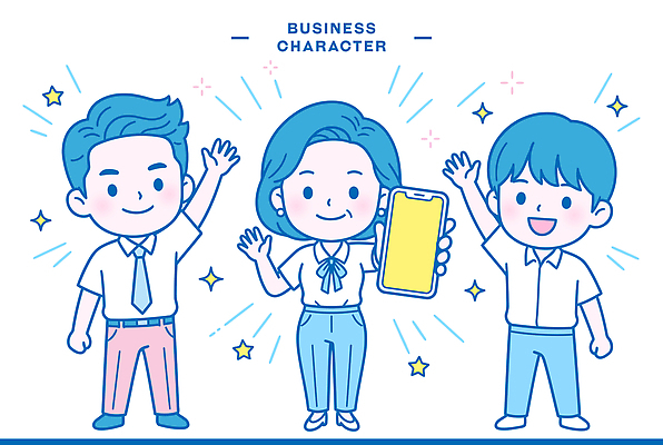 캐릭터 여자 남자 일러스트 비즈니스 협력 여러명 파란색 스마트폰 귀여움 만남 소통 손흔들기 일러캐릭터 AI파일 컬러 다수 컨셉 모션 사람 핸드폰 스마트기기 파일형식 벡터 전자제품