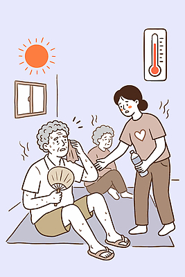 여자 노년 남자 일러스트 가정 건강 앉기 물 여름 도움 뜨거움 더위 온도계 시원함 간호 돌봄 국내일러스트 AI파일 자연요소 계절 컨셉 모션 날씨 사람 성인 파일형식 벡터