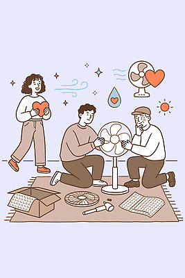 일러스트 함께함 웃음 여러명 여름 상자 도구 하트 작업 도움 더위 즐거움 조립 국내일러스트 AI파일 모양 계절 감정 다수 컨셉 날씨 표정 사람 파일형식 벡터