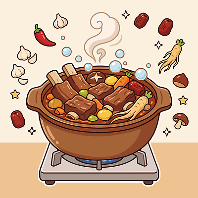 한식 음식 채소 일러스트 재료 고추 마늘 요리 버섯 당근 냄비 대추 국물 갈비찜 끓이기 국내일러스트 AI파일 모션 뿌리채소 솥 찜 갈비 파일형식 벡터 주방용품 육류 생활용품 식재료 오브젝트