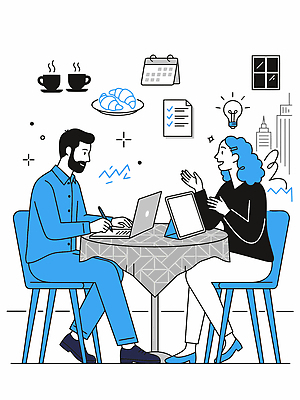 디자인 음료 일러스트 회의 협력 디저트 아이디어 대화 사람 파란색 노트북 태블릿 카페 도시 업무 작업 계획 창의성 국내일러스트 AI파일 음식 컬러 컨셉 비즈니스 말하기 전자제품 스마트기기 상점 파일형식 벡터 모션
