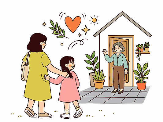 여자 노년 감정 컨셉 관계 표정 사람 마음 예절 파일형식 벡터 어린이 할머니 인사 화분 문 가족 사랑 웃음 방문 정원 기쁨 만남 소통 일러스트 국내일러스트 AI파일 마음건강