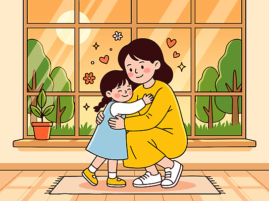 식물 딸 행복 어린이 일러스트 가족 포옹 엄마 사랑 웃음 일상 마음 창가 온기 마음건강 국내일러스트 AI파일 감정 창문 관계 안기 표정 사람 라이프 파일형식 벡터 모션 생활