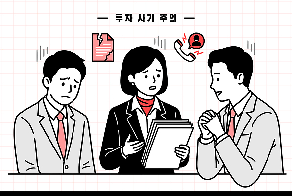 일러스트 대화 경고 설명 금융 자료 사기 위험 직원 확인 상담 투자 통화 문제 투자자 피해자 국내일러스트 AI파일 컨셉 비즈니스 모션 말하기 사람 경제 피해 파일형식 벡터