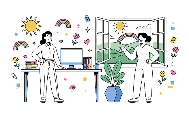 식물 여자 꽃 무지개 일러스트 창문 하늘 직장 대화 웃음 사람 풍경 일상 사무실 사무용품 책상 심리치료 국내일러스트 AI파일 자연요소 가구 회사 비즈니스 문구용품 표정 말하기 라이프 치료 심리 파일형식 벡터 생활용품 의학 모션 생활 오브젝트