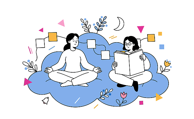 꽃 여유 일러스트 이야기 사람 취미 친구 독서 평화 분위기 편안함 집중 명상 심리치료 리추얼라이프 국내일러스트 AI파일 식물 라이프스타일 감정 컨셉 관계 치료 감각 심리 파일형식 벡터 의학 생활