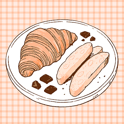 접시 음식 빵 일러스트 재료 아침 디저트 요리 초콜릿 아침식사 크루아상 즐거움 비스코티 국내일러스트 AI파일 주간 식기 감정 식사 파일형식 벡터 자연요소