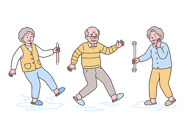 여자 할아버지 노년 남자 할머니 일러스트 바닥 안전 걷기 미끄러짐 균형 조심 국내일러스트 AI파일 모션 사람 성인 파일형식 벡터
