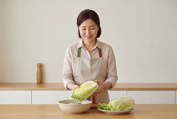 JPG 편집이미지 여자 한식 재료 김치 요리 주방 전통음식 맛 배추 준비 만두 반죽 손질 의료성형뷰티 편집실사 AI포토 AI인물포토 AI콘텐츠 전통 음식 컨셉 채소 사람 CG 파일형식