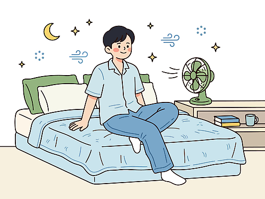 자연요소 계절 가구 모션 날씨 사람 가전제품 감각 더위 파일형식 벡터 남자 침대 선풍기 바람 밤 하늘 달 별 방 편안함 앉기 책 일러스트 국내일러스트 AI파일 극복 야간 여름 열대야