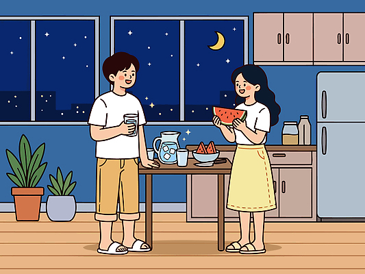자연요소 계절 감정 가구 과일 관계 하늘 말하기 사람 더위 밤 야간 파일형식 벡터 주방 남자 여자 수박 대화 여름 물 즐거움 가족 친구 별 밤하늘 탁자 일러스트 국내일러스트 AI파일 극복 열대야
