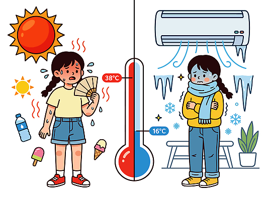 계절 일러스트 날씨 아이스크림 소녀 물 여름 햇빛 환경 추위 비교 선풍기 더위 온도계 에어컨 땀 국내일러스트 AI파일 자연요소 여자 어린이 컨셉 디저트 빛 가전제품 파일형식 벡터 음식 사람