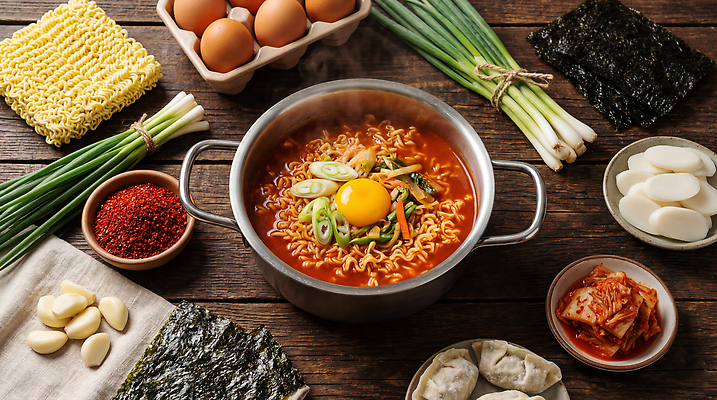 한식 음식 알 면류 CG 파 파일형식 AI콘텐츠 라면 국수 요리 주방 재료 계란 대파 김치 만두 반찬 뜨거움 편집이미지 편집실사 JPG AI포토