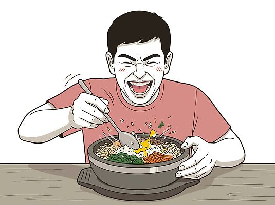 그릇 남자 음식 채소 일러스트 재료 식탁 요리 웃음 숟가락 식사 즐거움 비빔밥 국내일러스트 AI파일 식기 감정 한식 탁자 수저 표정 사람 파일형식 벡터 가구 생활용품 오브젝트