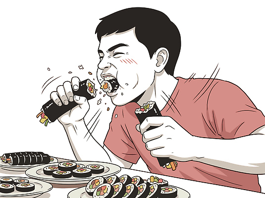 남자 한식 음식 일러스트 식탁 식사 맛 저녁 먹기 즐거움 김밥 국내일러스트 AI파일 감정 컨셉 모션 탁자 사람 밤 야간 파일형식 벡터 자연요소 가구 생활용품 오브젝트