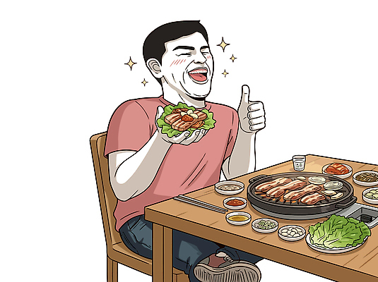 남자 한식 일러스트 탁자 반찬 육류 돼지고기 웃음 식사 저녁식사 소스 저녁 먹기 즐거움 삼겹살 국내일러스트 AI파일 감정 음식 가구 식재료 모션 표정 사람 양념 밤 야간 파일형식 벡터 자연요소 생활용품 오브젝트
