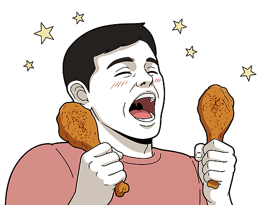 남자 행복 별 음식 일러스트 치킨 기쁨 다리 맛 즐거움 국내일러스트 AI파일 자연요소 감정 컨셉 사람 닭고기요리 파일형식 벡터