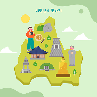 전통 문화 여행 지도 일러스트 한국 고대문명 건물 관광지 경주 사원 역사 불상 첨성대 수막새 탐방 대릉원 국내일러스트 AI파일 건축물 아시아 불교 경상북도 국보 파일형식 벡터 건축 나라 종교 문화재 경상도