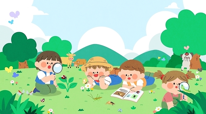 식물 동물 계절 교육 감정 관계 모션 시골 체험학습 생태계 파일형식 벡터 자연 관찰 곤충 풀 나무 책 초원 학습 즐거움 여름 친구 발견 탐험 생태 AI파일 국내일러스트 일러스트 농촌체험 농촌