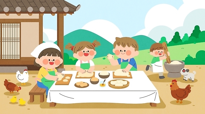 어린이 일러스트 가족 자연 탁자 떡 요리 웃음 친구 전통음식 농촌 시골 닭 시골집 농촌체험 절굿공이 국내일러스트 AI파일 전통 음식 가구 관계 조류 주택 표정 사람 체험학습 생태계 파일형식 벡터 동물 생활용품 건물 체험 건축물 컨셉 오브젝트 건축