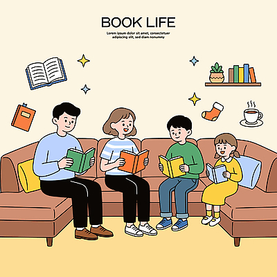 딸 아들 일러스트 가족 엄마 이야기 라이프 책 학습 소파 독서 방 아빠 편안함 즐거움 습득 흥미 국내일러스트 AI파일 교육 감정 컨셉 의자 관계 생활 감각 파일형식 벡터 가구 생활용품 오브젝트