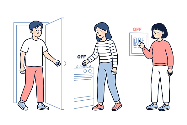 여자 남자 일러스트 가정 생활 전자제품 문 환경 주방 가스레인지 전기에너지 체크 확인 안전수칙 스위치 두꺼비집 지진 끄기 행동요령 국내일러스트 AI파일 모션 안전 사람 가전제품 에너지 레인지 자연재해 파일형식 벡터 재해