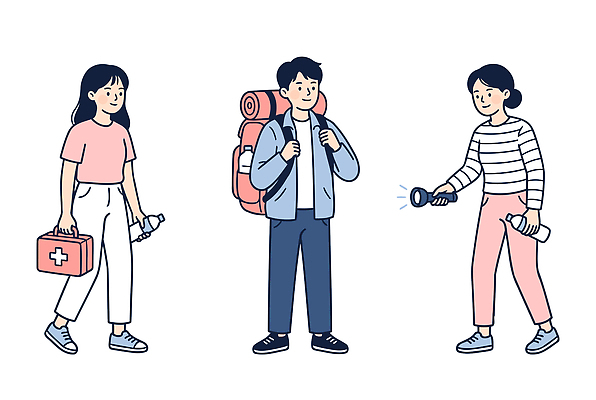 여자 남자 여행 일러스트 여러명 캠핑 모임 탐험 도구 손전등 구급상자 준비 안전수칙 지진 생존가방 행동요령 국내일러스트 AI파일 다수 가방 레저 조명 안전 사람 의료용품 자연재해 파일형식 벡터 잡화 의료기기 재해 의학