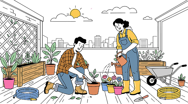 식물 여자 남자 꽃 화분 일러스트 날씨 함께함 취미 햇빛 환경 정원 모임 도구 도시 그룹 옥상 물주기 원예 일과 심기 국내일러스트 AI파일 컨셉 모션 사람 빛 파일형식 벡터