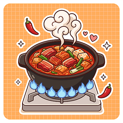 한국문화 한식 채소 일러스트 재료 김치 육류 요리 식사 뜨거움 연기 가스레인지 맛 찌개 두부 국물 돼지고기김치찌개 국내일러스트 AI파일 동양문화 음식 컨셉 식재료 한국 가전제품 레인지 김치찌개 파일형식 벡터 아시아 문화 나라