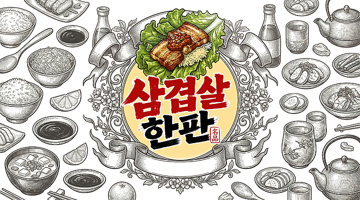 PSD 한식 채소 일러스트 밥 반찬 돼지고기 요리 식사 소스 맛 상차림 삼겹살 국 간장 고기쌈 국내일러스트 음식 컨셉 육류 양념 쌈 파일형식 식재료